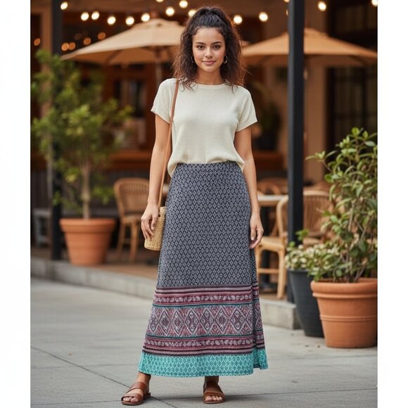 Women’s No Comment Maxi Skirt Boho Southwestern Print Side Slit Y2K 2000s Medium - Picture 1 of 16